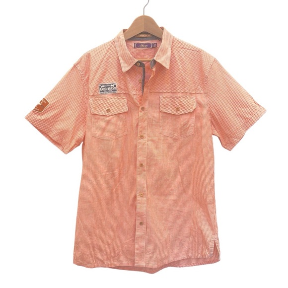 Akoo Other - Akoo Plaid Button Up Short Sleeve Shirt Embroidered Patches Orange White XL